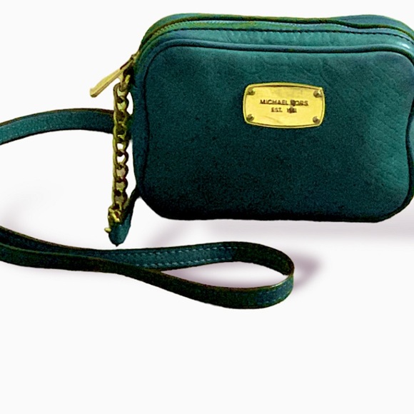 Michael Kors Luxury Leather Hamilton Sling Crossbody Bag in Turquoise & Gold - Picture 14 of 15
